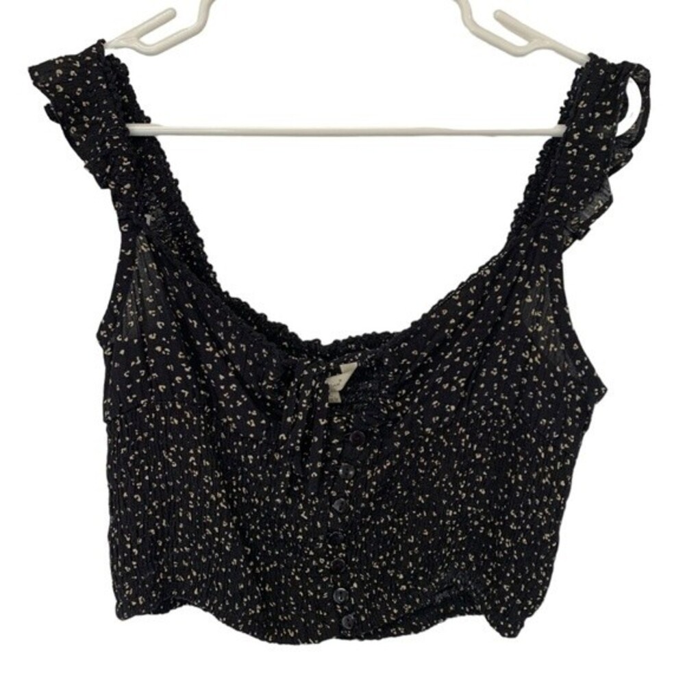 NWT Sim & Sam | Smocked Black Tan‎ Front Tie Button Closure Tank L